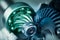 Artistic detail of steel gear wheels inside angle grinder machine in green blue shade