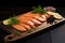 Artistic display of smoked salmon slices arranged elegantly on a rustic wooden serving board