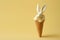 Artistic Easter Bunny Ice Cream Cone Sculpture on Yellow isolated Background. Copy space post card