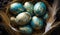 Artistic Easter eggs with speckled patterns nestled in a rustic nest adorned with feathers on a dark blue background.