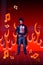 Artistic and expressive young man, rock music lover standing over red background with flame. Contemporary art collage