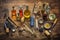 artistic flat lay of schnapps-making tools and ingredients