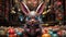 artistic futuristic easter robot rabbit in a room with lots of painted eggs. Easter concept AI generated