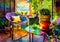 An artistic generated image of a garden room with chairs and plants