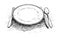 Artistic Illustration or Drawing of Empty Plate, Knife and Fork