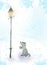 Artistic illustration of a little dog near city lamp under the snow