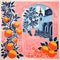 Artistic Illustration Of Oranges And Architecture In Silkscreen Style