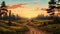 Artistic illustration of a scenic spring forest sunset captured in a captivating painting style