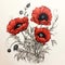 artistic illustration of vibrant red poppies with black outlines on a light background