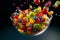 An artistic image of a fruit salad suspended in mid-air, captured at the exact moment fruits are tossed into the bowl, creating a