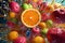 An artistic image of fruit slices suspended in mid-air, surrounded by swirling streams of colorful fruit juice, creating a