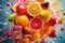 An artistic image of fruit slices suspended in mid-air, surrounded by swirling streams of colorful fruit juice, creating a