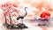 Artistic Image - Japanese Zen Tao Crane with Red Sun and Sakura (Watercolor Style)