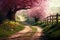 Artistic impression of a springtime journey. A winding road in nature with blossoms and new life