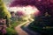 Artistic impression of a springtime journey. A winding road in nature with blossoms and new life