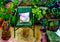 An artistic impressionist painting style of a colourful courtyard garden