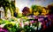 An artistic impressionist painting style of a colourful english country garden