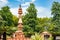 artistic jain red stone holy pillar at morning from unique angle