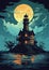 Artistic Lighthouse building with waves moon clouds