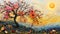 An artistic miniature of a spring landscape with flowering plants and trees,Generated by AI