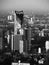 An artistic monochrome, black and white, of a skyscraper in London, viewed form high up