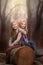 Artistic outdoor portrait of two blond girls sitting on a log of tree in a woods