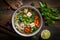 Artistic overhead shot of a colorful Pho bowl with vibrant vegetables, tofu, and noodles in a clear broth
