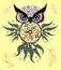 Artistic owl with Dreamcatcher. Graphic arts  dotwork