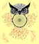 Artistic owl with Dreamcatcher. Graphic arts  dotwork