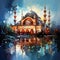 Artistic painting of an old mosque with luminous reflections of water