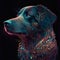 Artistic portrait of a Labrador Retriever with abstract colorful pattern.