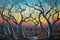 Artistic portrayal of a mystical woodland at dusk with vibrant sky hues and intricate tree silhouettes