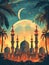 Artistic poster capturing the spirit of Ramadan with a mosque silhouette and warm colors.