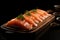 Artistic presentation of fresh salmon slices on a sophisticated wooden serving board