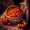 Artistic recreation of a basket with red tomatoes. Illustration AI