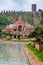 artistic red stone jain temple at morning from unique angle