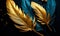 Artistic Render of Luxurious Metallic Feathers in Gold and Teal Hues, a Symbolic Composition of Elegance and Grace on a Dark
