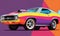 Artistic rendition of a classic car with a colorful palette, AI illustration extra wide banner.