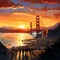 Artistic representation of the cityscape of San Francisco with the Golden Gate Bridge at sunset