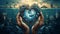 artistic representation of World Ocean Day, where the silhouette of a woman\\\'s hands forms a heart shape, AI generated