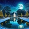 an artistic scene with a pond and columns in the middle of the and a full moon in the sky above the with and stars and clouds and