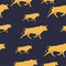 Artistic seamless pattern golden bulls rushes, digital bulls and digital finance concept. Inventive artwork with Bright color.
