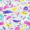 Artistic seamless pattern with vibrant paint stains, marks, traces, drops on white background. Creative vector