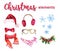 Artistic set of hand drawn watercolor winter objects isolated on white background - santa hat, furry headphones, holly wreath, sca