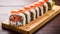 Artistic Stacked Salmon Sushi Roll On Wooden Table