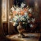 Artistic still life of flowers in a porcelain vase on in old luxury interior. Vintage vase with beautiful white and pink