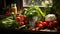 Artistic still life of lettuces with red tomatoes and other vegetables together a window