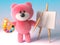 Artistic teddy bear with pink fluffy fur painting with a paintbrush palette and easel, 3d illustration