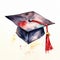 Artistic watercolor depiction of a graduation cap with a red tassel.