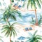 Artistic Watercolor Depiction of a Tropical Beach with Palm Trees on a Sunny Day